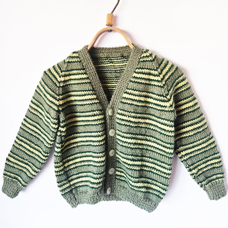 Handknitted Stripe Cardigan B Sage Green w Dark Green and Pale Yellow Stripes