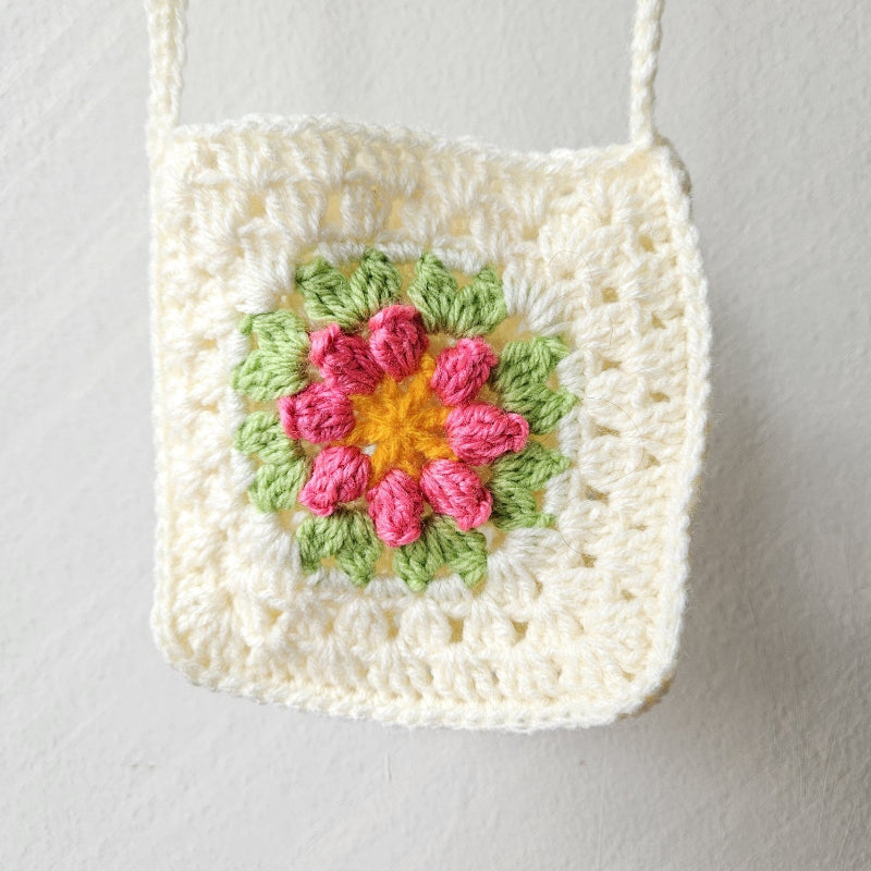 Hand crochet Granny Square bag Cream with pink flower