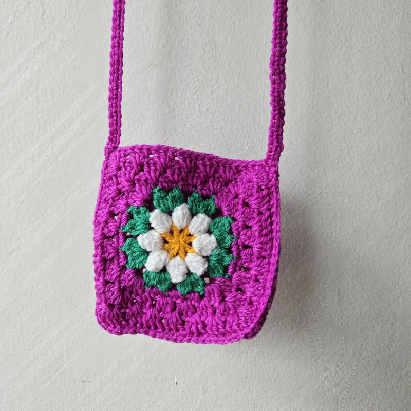 Hand crochet Granny Square bag Fushia w White Flower