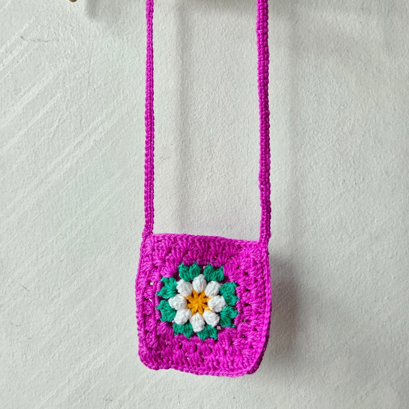 Hand crochet Granny Square bag Fushia w White Flower