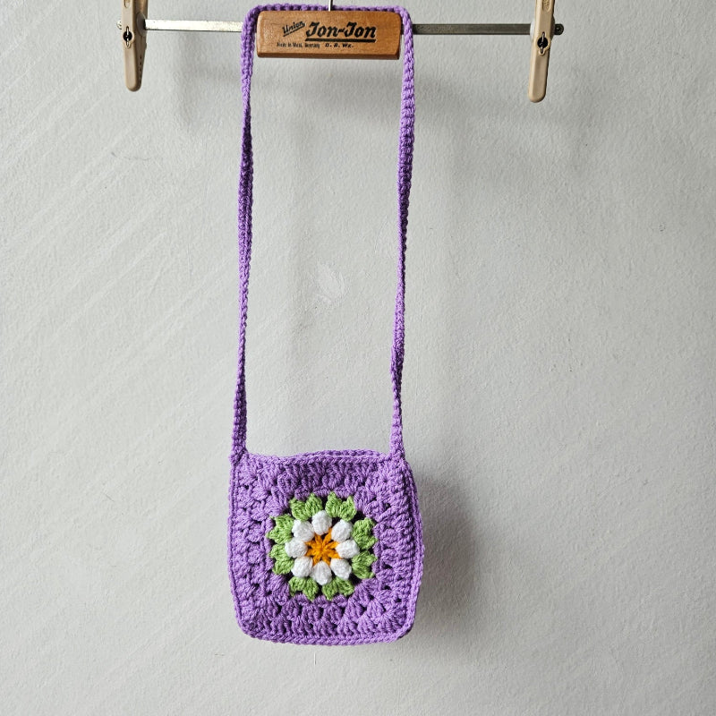 Hand crochet Granny Square bag Lavander With White Flower