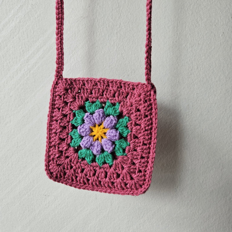 Hand crochet Granny Square bag Dark Pink with Lavander Flower
