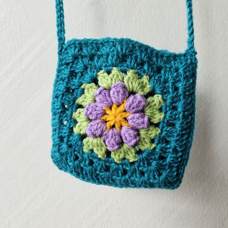 Hand crochet Granny Square bag Turquoise with Lavander flower