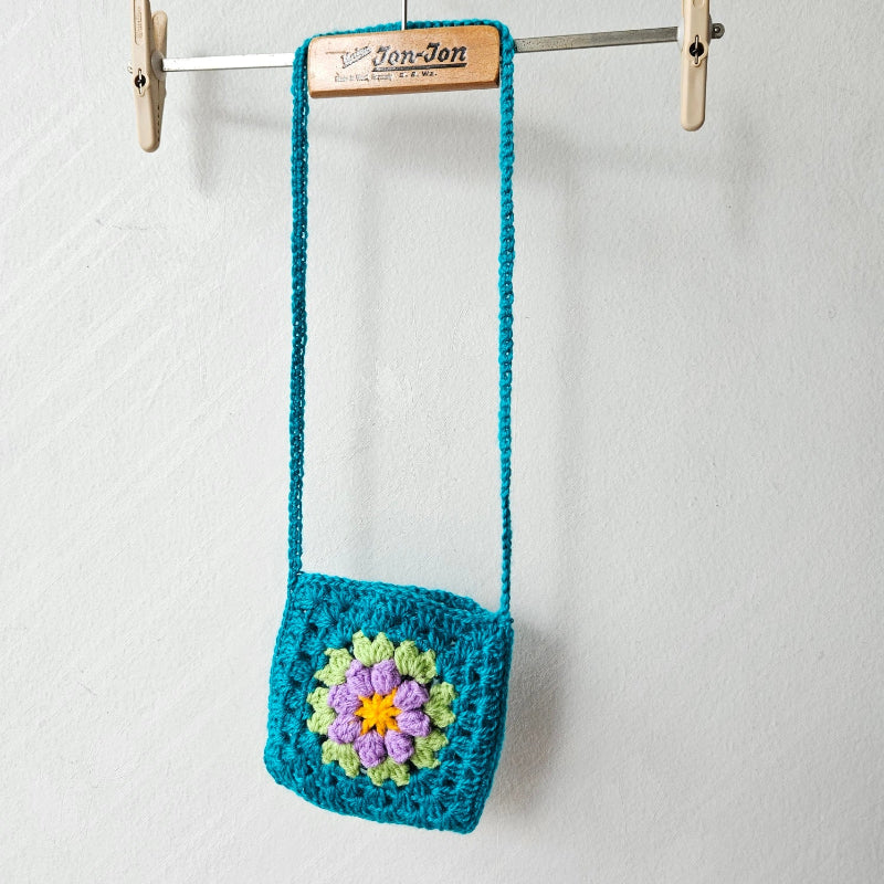 Hand crochet Granny Square bag Turquoise with Lavander flower