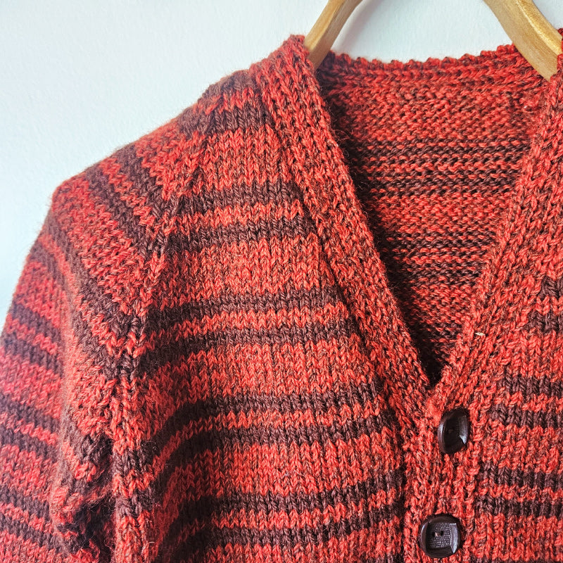 Handknitted Stripe Cardigan H (a) H(b) Rust Brown Variegated and Dark Brown Stripes