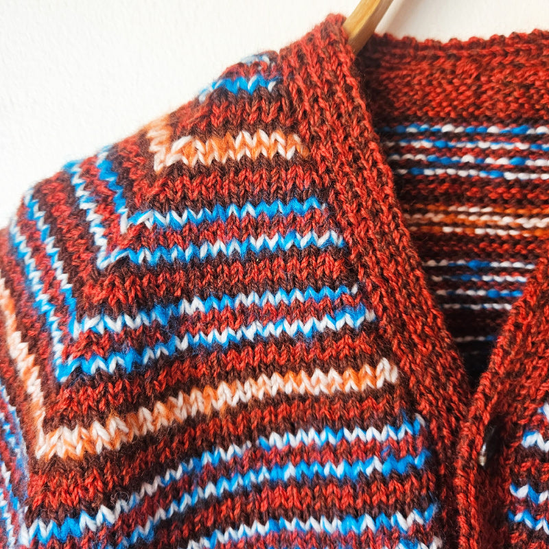 Handknitted Stripe Cardigan J Rusty Brown with Blue and Orange Stripes