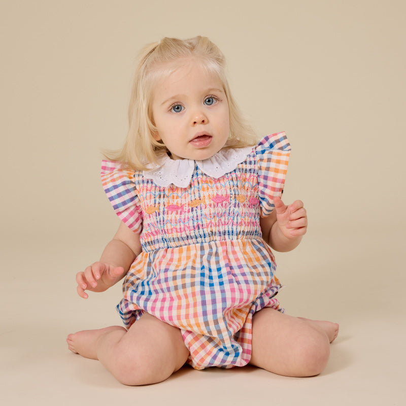 Goldie + Ace Lani Smocked Romper - Rainbow Gingham