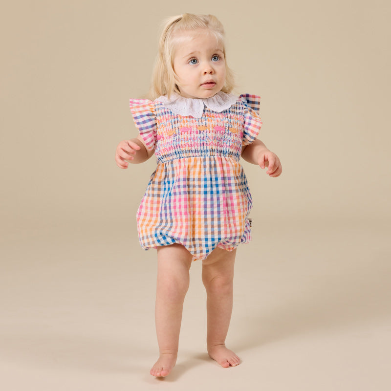Goldie + Ace Lani Smocked Romper - Rainbow Gingham