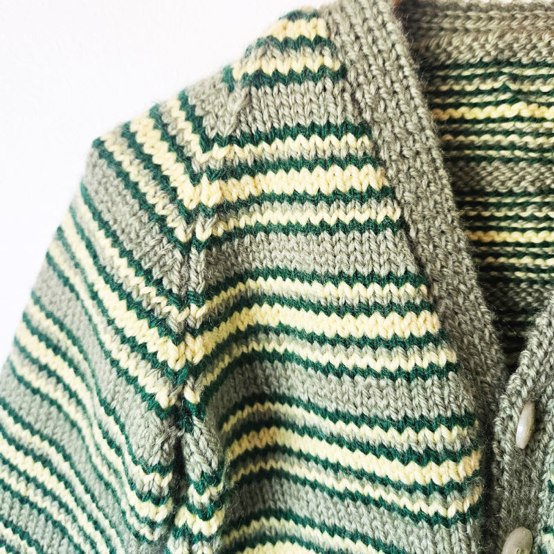 Handknitted Stripe Cardigan B Sage Green w Dark Green and Pale Yellow Stripes