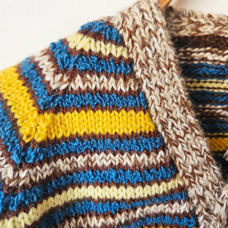 Handknitted Stripe Cardigan A Fawn Blue and Yellow Stripes