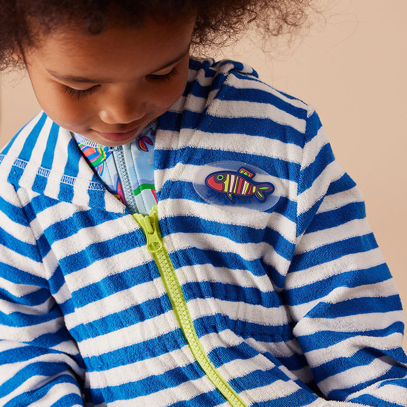 Goldie & Ace Little Fishy Terry Towelling Cover Up - Azure Stripe