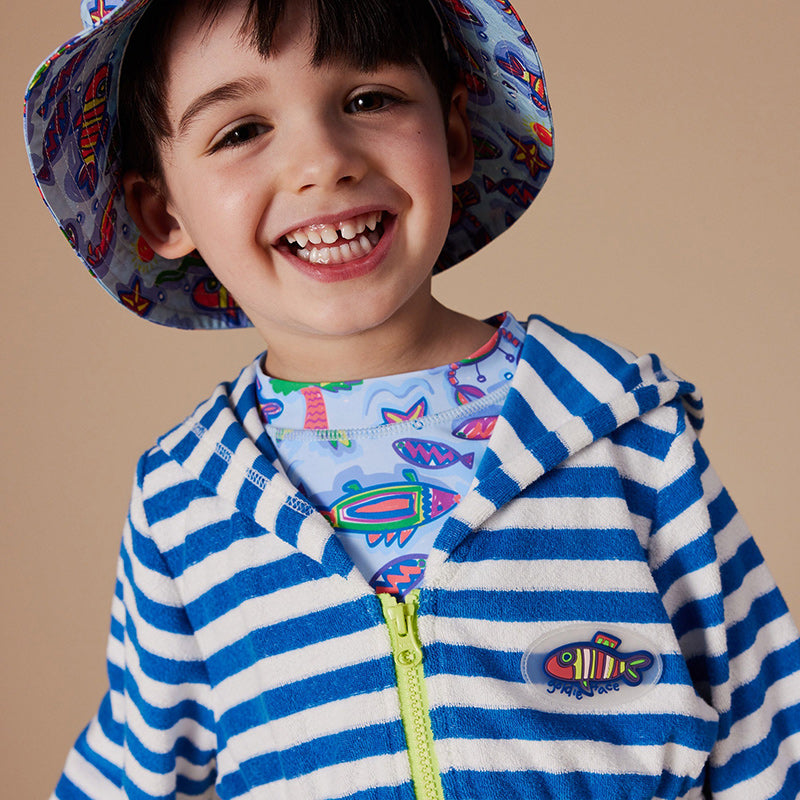 Goldie & Ace Little Fishy Terry Towelling Cover Up - Azure Stripe