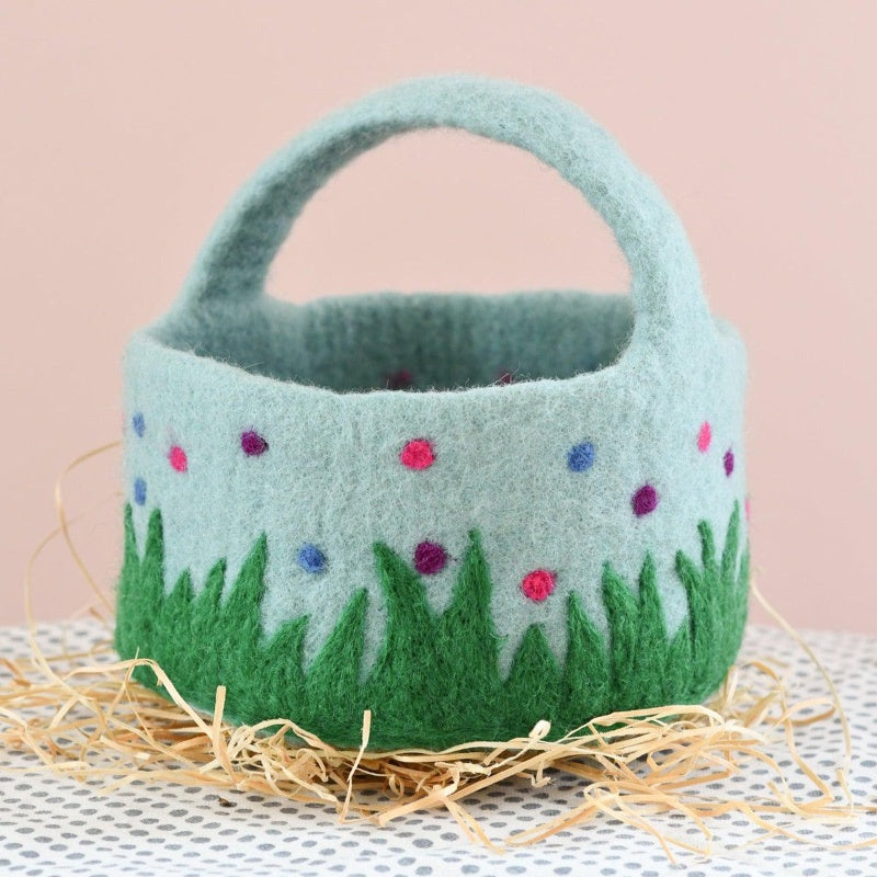 Felt Basket With Polka Dots - Blue