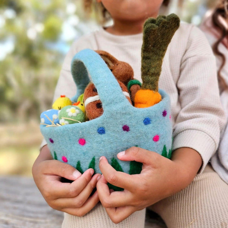 Felt Basket With Polka Dots - Blue