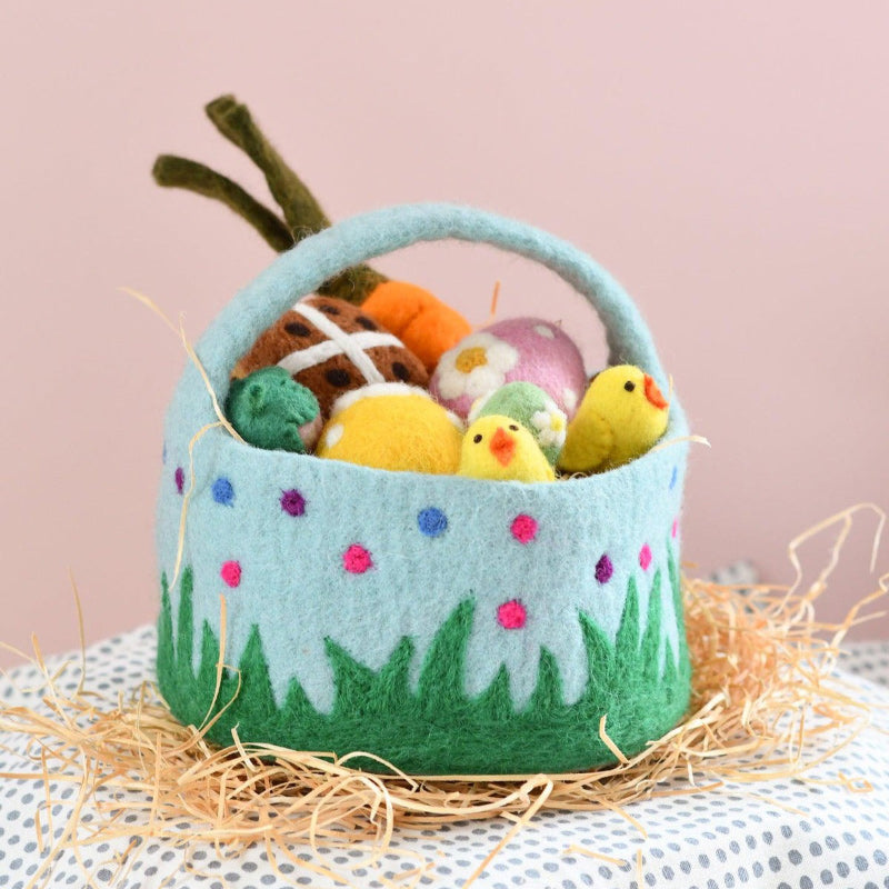 Felt Basket With Polka Dots - Blue