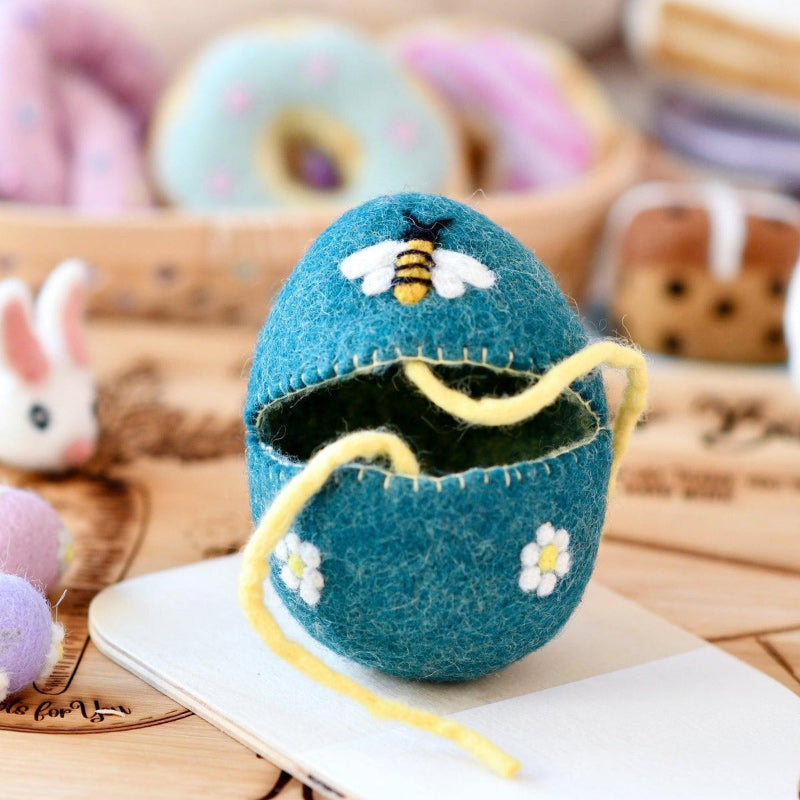 Felt Egg Cover - Blue With Bee Motif