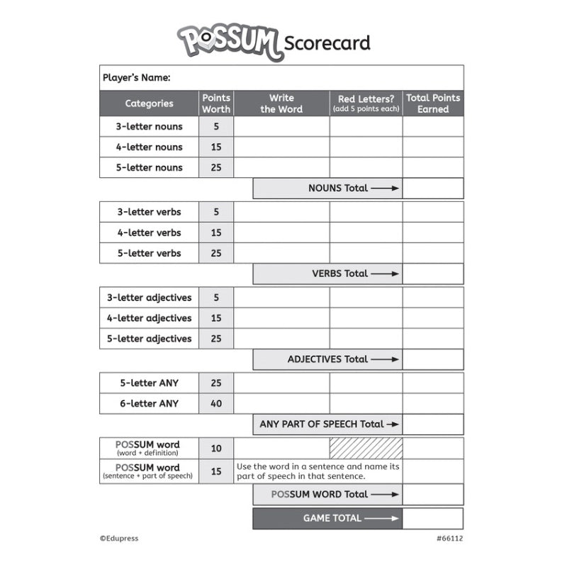 Possum Dice Word Game