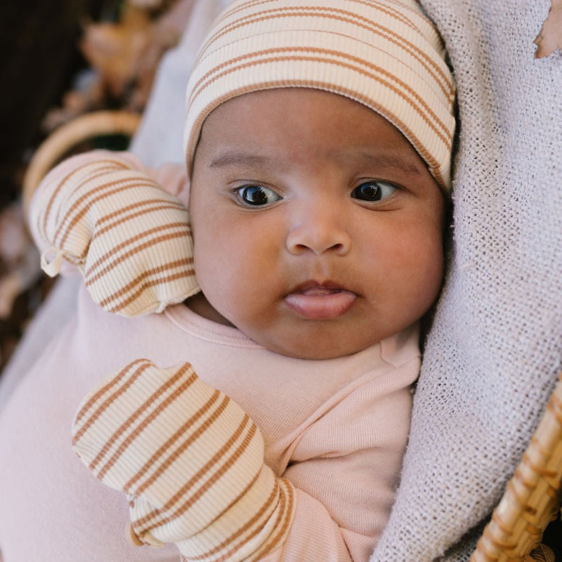 Acorn Henley Beanie and Mittens Set - Cream/Caramel Stripe