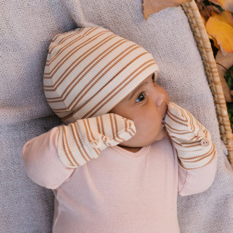 Acorn Henley Beanie and Mittens Set - Cream/Caramel Stripe