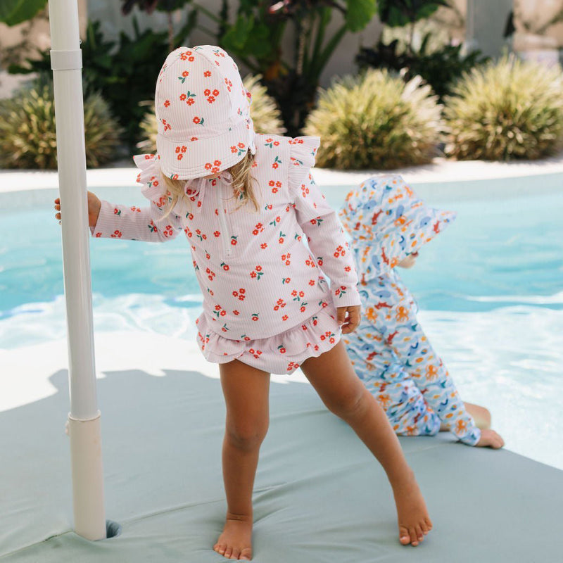 Acorn Swim Flap Cap - Striped Posy
