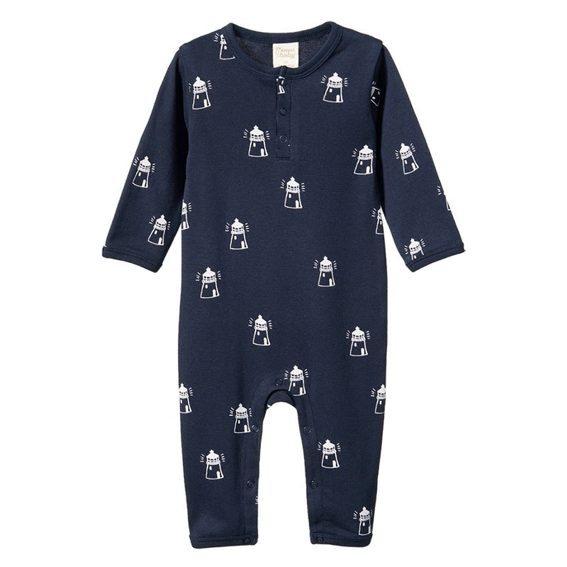 Nature Baby Henley Pyjama Suit - Lighthouse Print