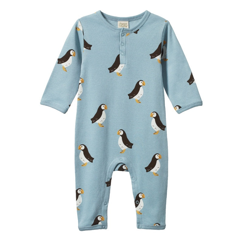 Nature Baby Henley Pyjama Suit - Puffin Print