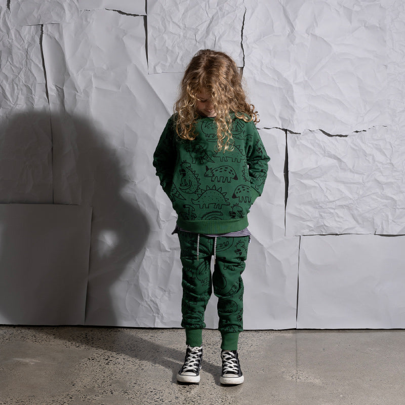 Minti Sketched Dinos Furry Trackies - Kelly Green