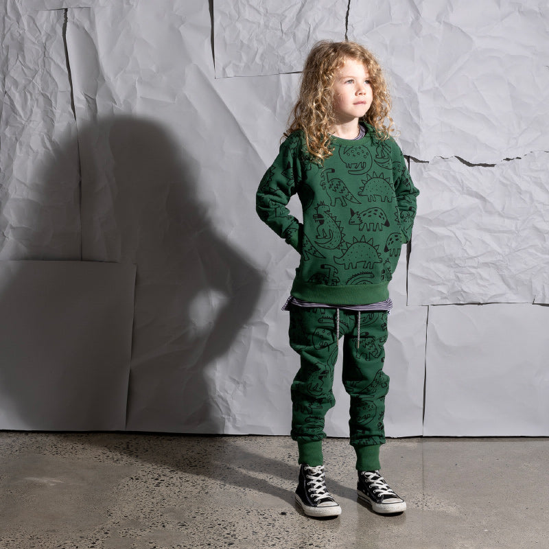 Minti Sketched Dinos Furry Trackies - Kelly Green