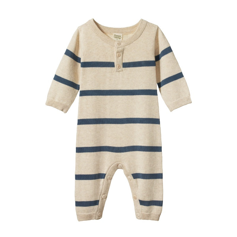 Nature Baby Lou Suit Cotton Knit - Oatmeal Marl/Sky Blue Stripe