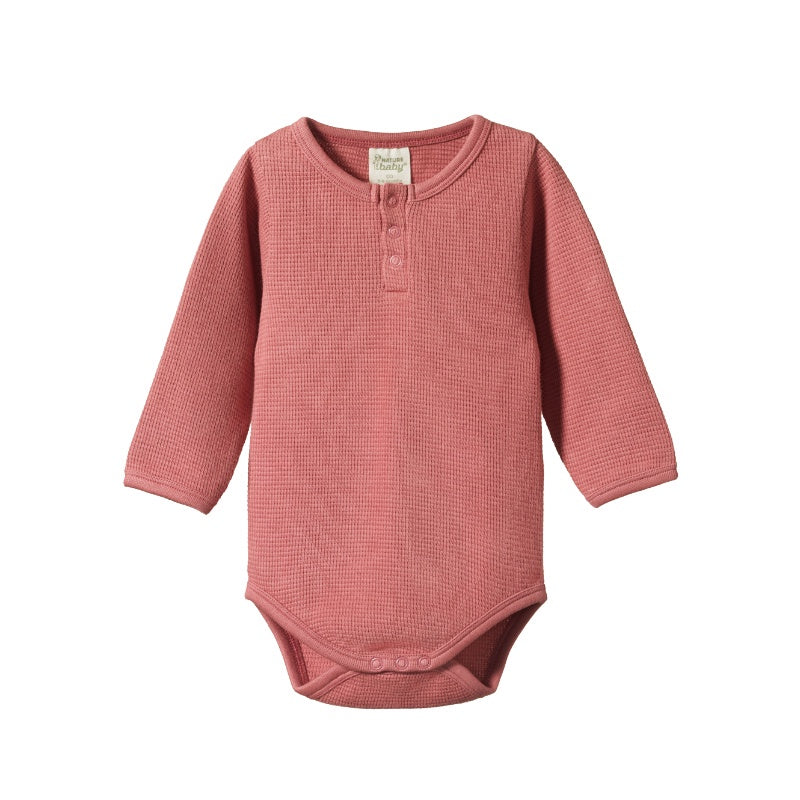 Nature Baby Henley LS Bodysuit Waffle - Rose Clay