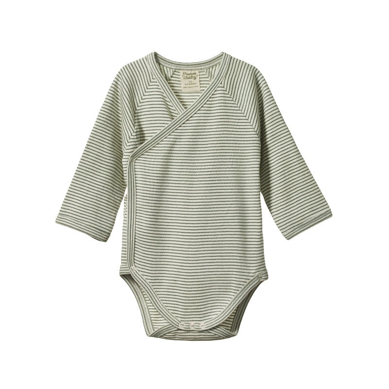 Nature Baby LS Kimono Bodysuit - Nettle Pinstripe