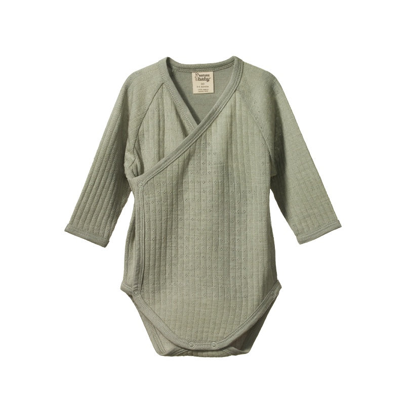 Nature Baby LS Kimono Bodysuit Merino Pointelle - Seedling