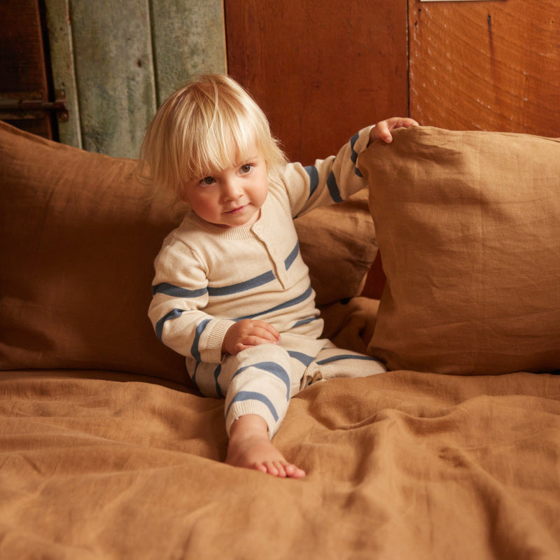 Nature Baby Lou Suit Cotton Knit - Oatmeal Marl/Sky Blue Stripe
