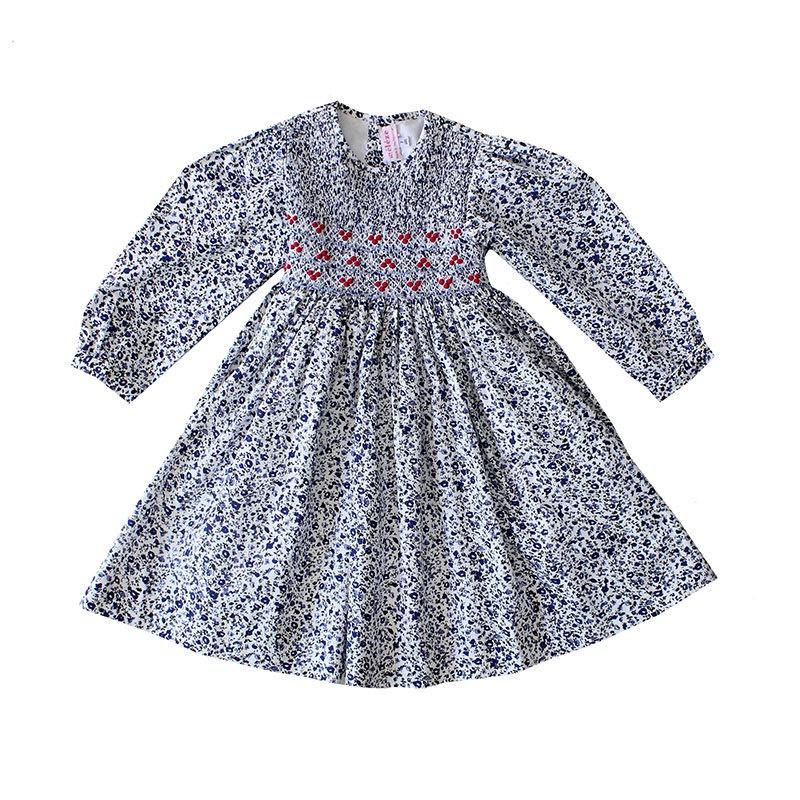 Handmade traditional Smocked Dress - Blue Floral