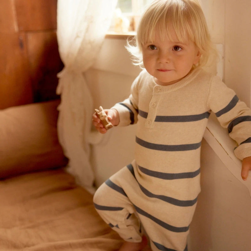 Nature Baby Lou Suit Cotton Knit - Oatmeal Marl/Sky Blue Stripe