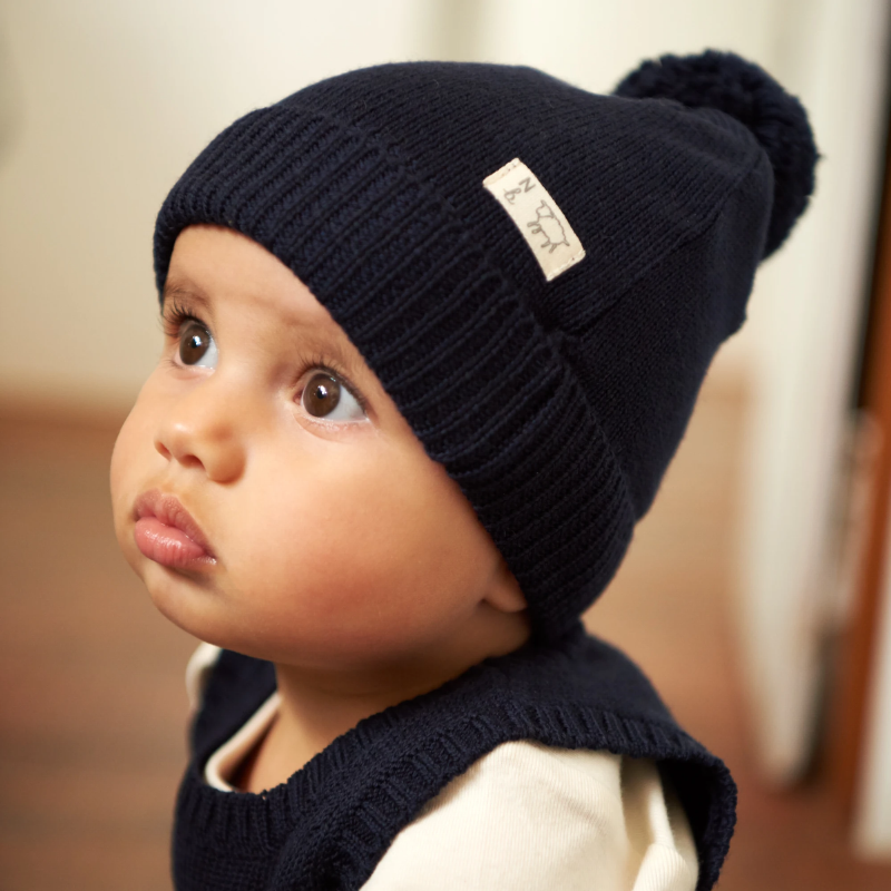 Nature Baby Merino Alpine Pom Pom Beanie - Navy