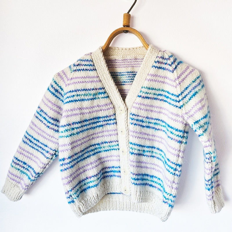 Handknitted Stripe Cardigan L Cream w Lavender and Blue Stripes