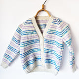 Handknitted Stripe Cardigan L Cream w Lavender and Blue Stripes
