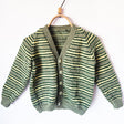 Handknitted Stripe Cardigan B Sage Green w Dark Green and Pale Yellow Stripes