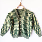 Handknitted Stripe Cardigan B Sage Green w Dark Green and Pale Yellow Stripes