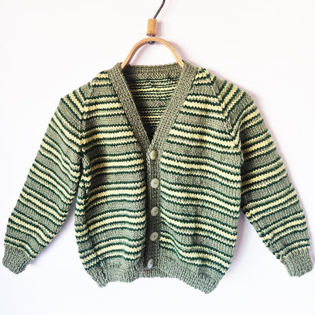 Handknitted Stripe Cardigan B Sage Green w Dark Green and Pale Yellow Stripes