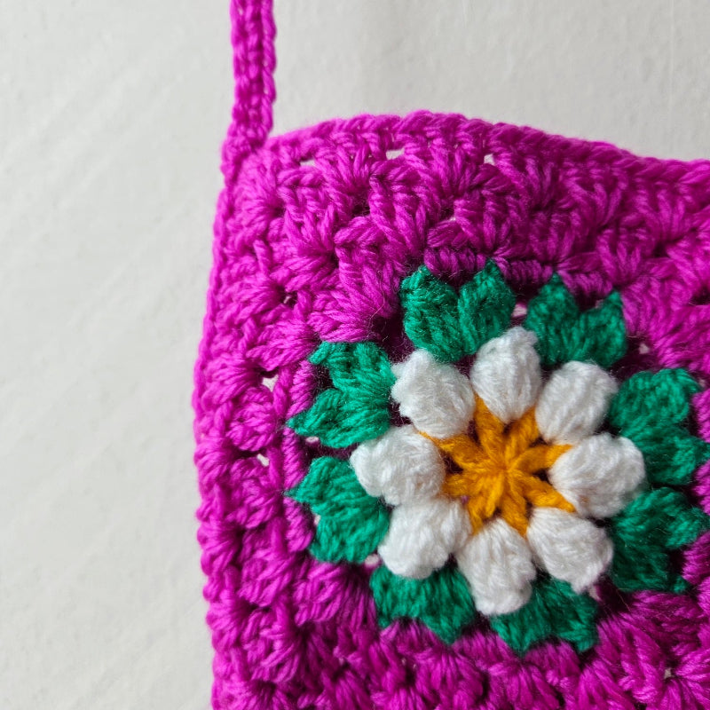Hand crochet Granny Square bag Fushia w White Flower