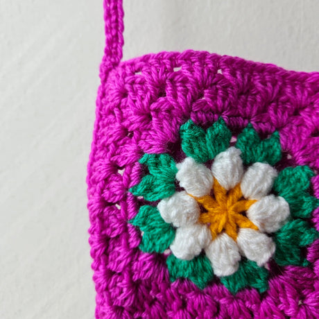 Hand crochet Granny Square bag Fushia w White Flower
