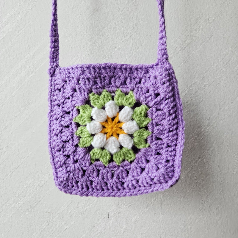 Hand crochet Granny Square bag Lavander With White Flower