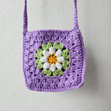 Hand crochet Granny Square bag Lavander With White Flower