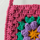 Hand crochet Granny Square bag Dark Pink with Lavander Flower