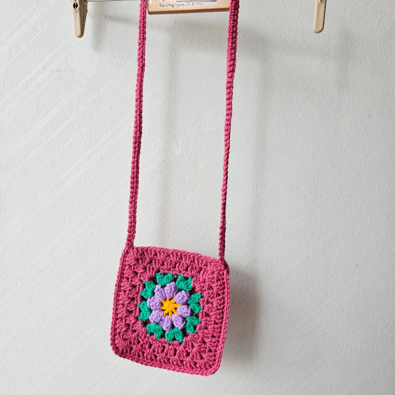 Hand crochet Granny Square bag Dark Pink with Lavander Flower