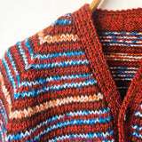 Handknitted Stripe Cardigan J Rusty Brown with Blue and Orange Stripes