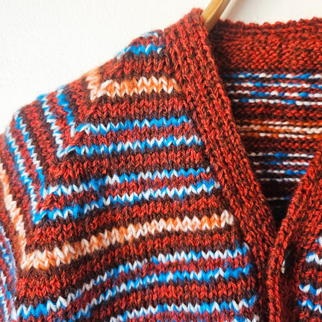 Handknitted Stripe Cardigan J Rusty Brown with Blue and Orange Stripes