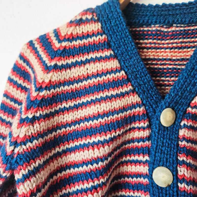 Handknitted Stripe Cardigan K Teal with Musk and Cream Stripes